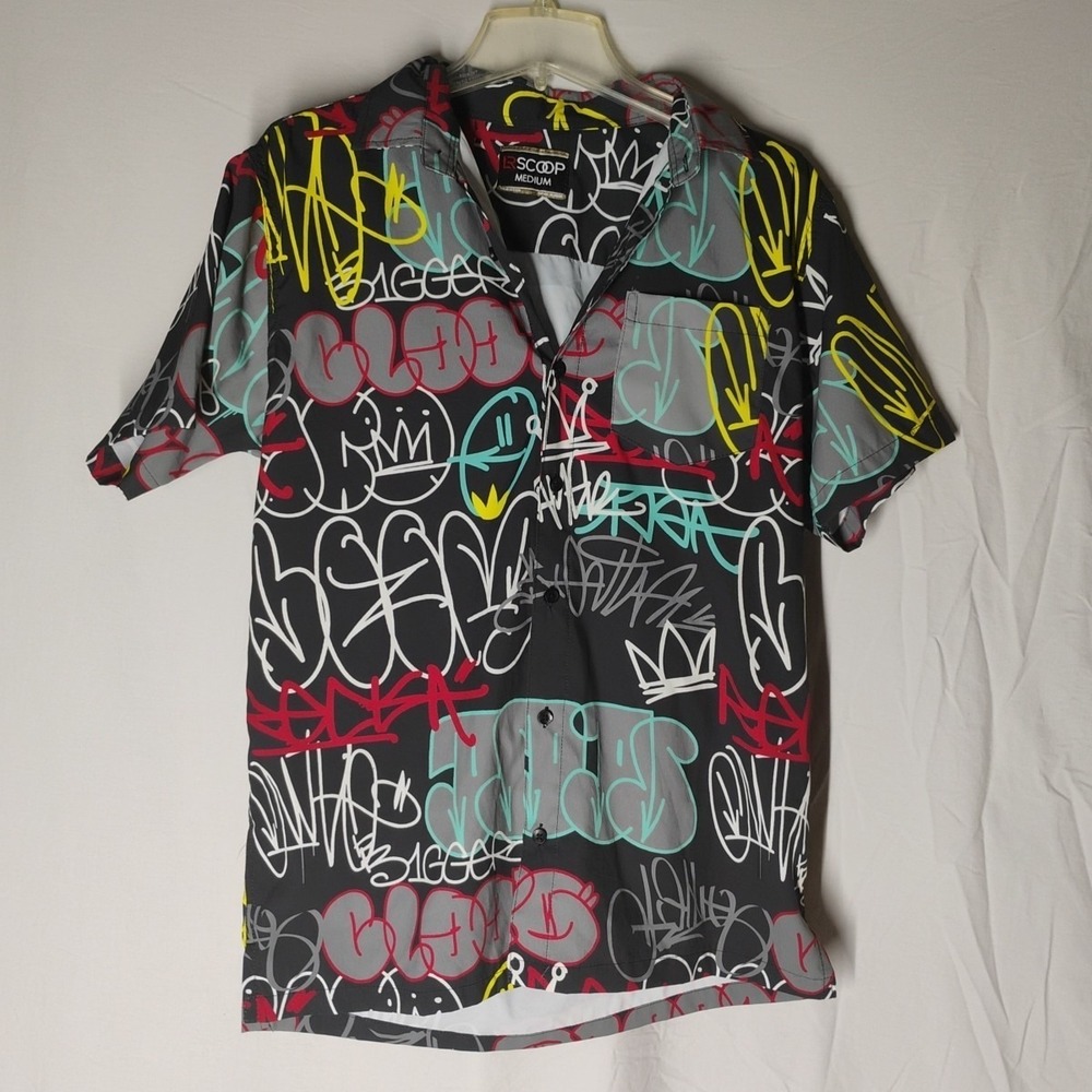 LR Scoop Mens Medium Graphic Graffiti Street‎ Art Button Up Shirt